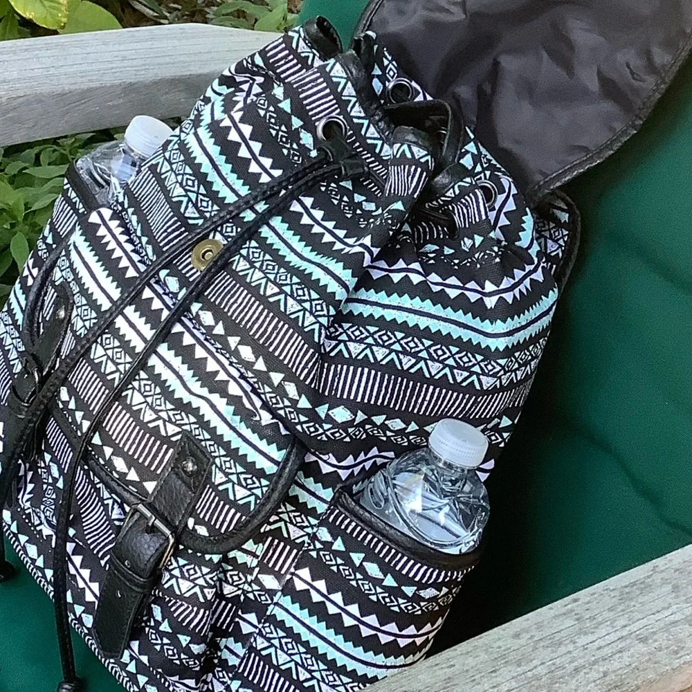 Backpack Mint Green Print Black Trim Side Pockets Drawstring Top New